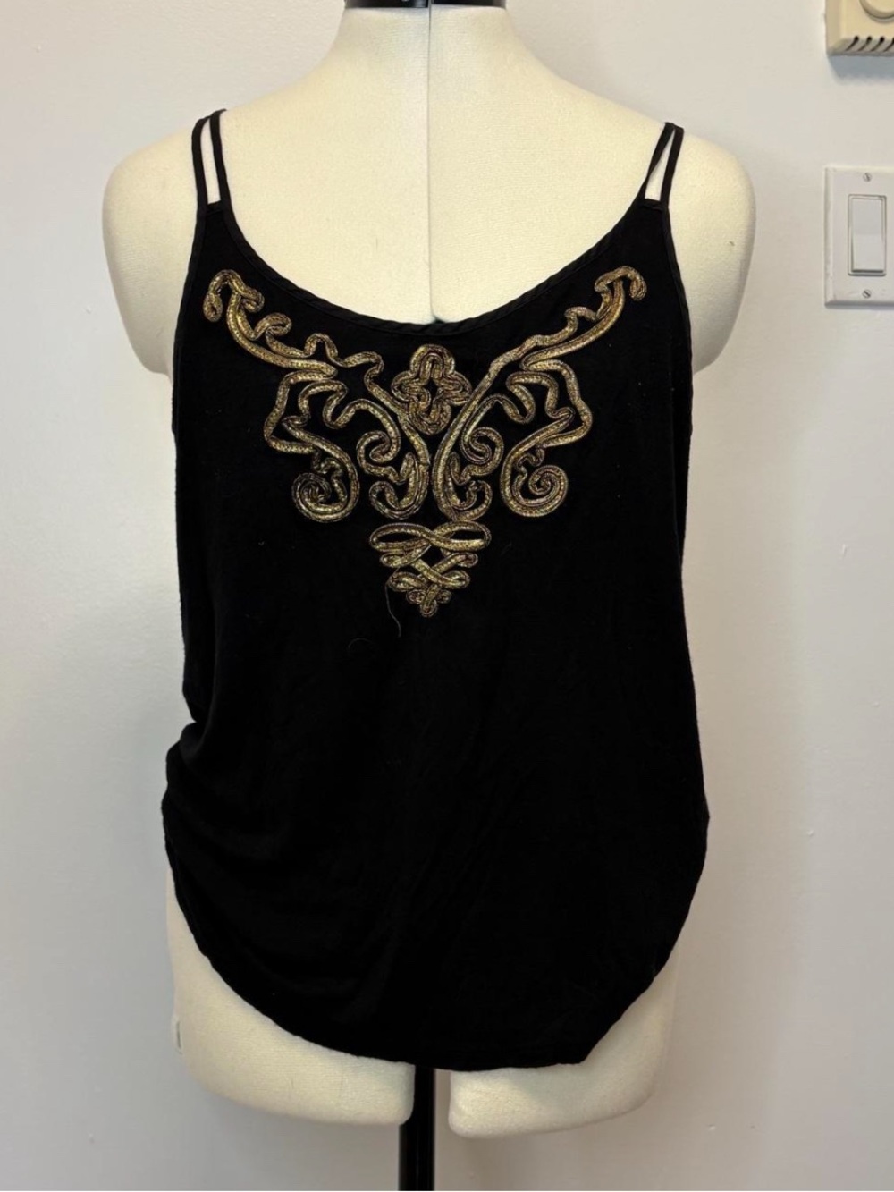 Vintage dynamite Black tank top with gold embroidered motif design